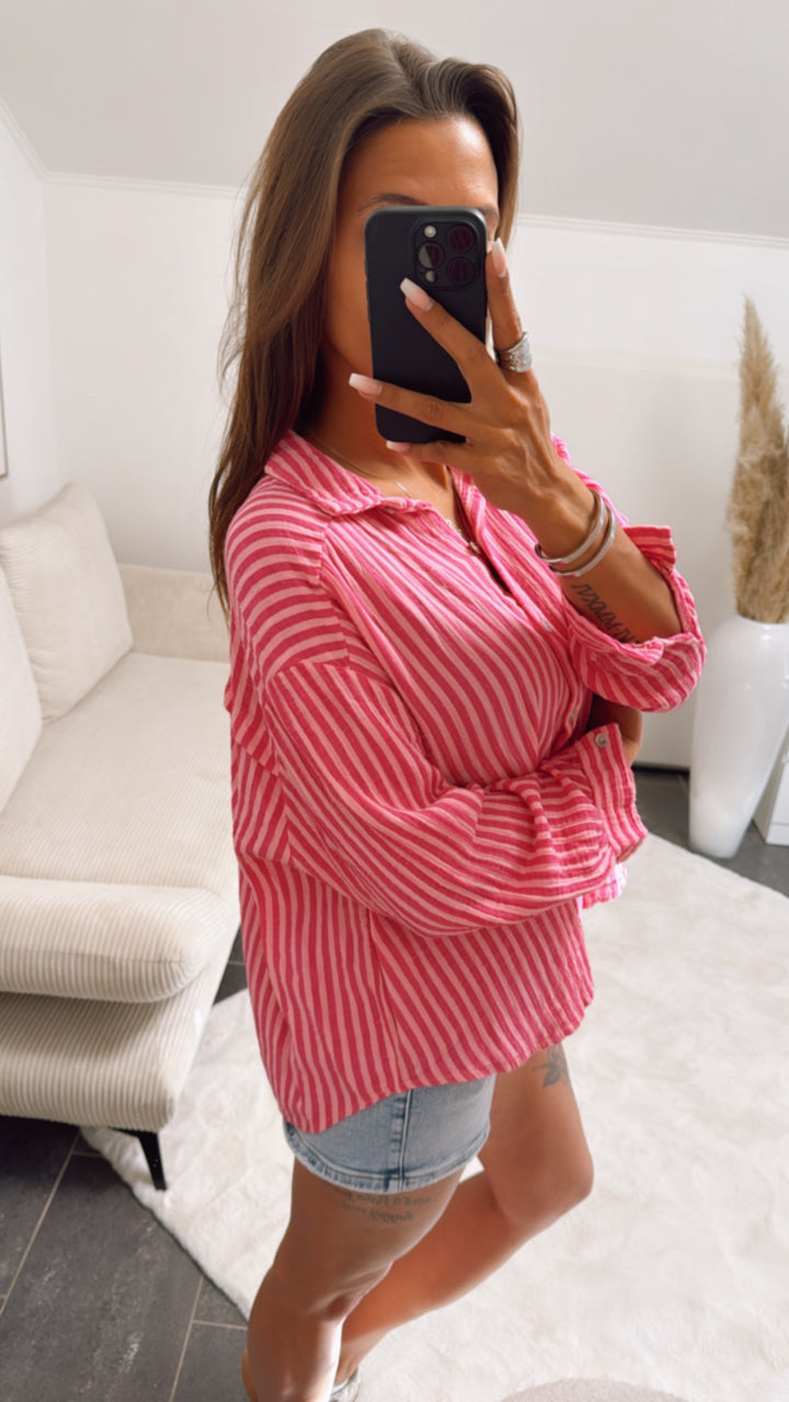 KURZE Oversize Musselin Bluse mit Streifen / pink - soft pink Art. 8898
