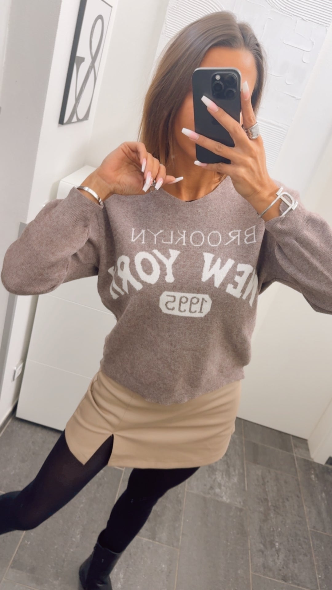 weicher Strick Pullover " New York " / light braun meliert - weiss Art. 12688