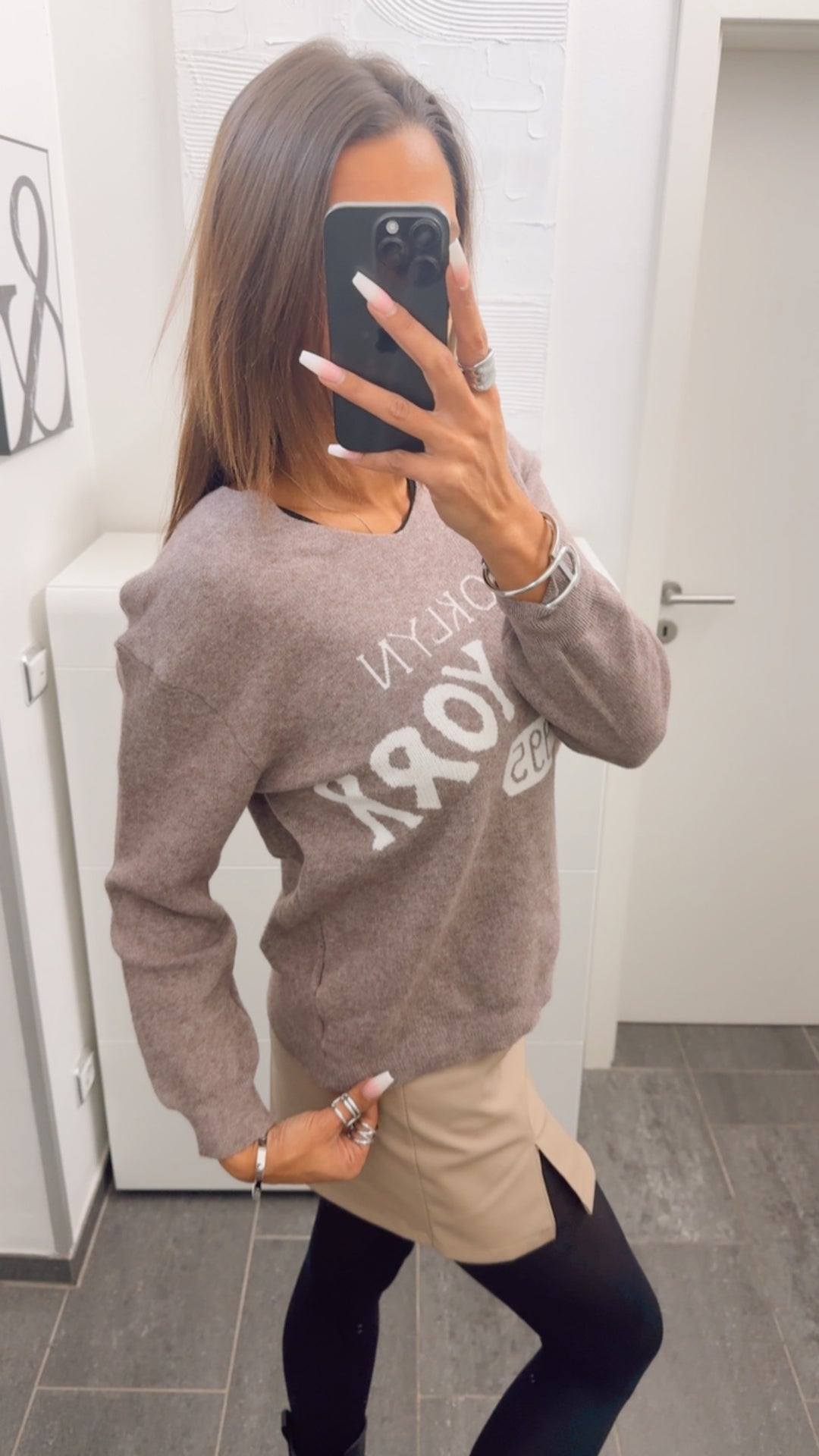 weicher Strick Pullover " New York " / light braun meliert - weiss Art. 12688