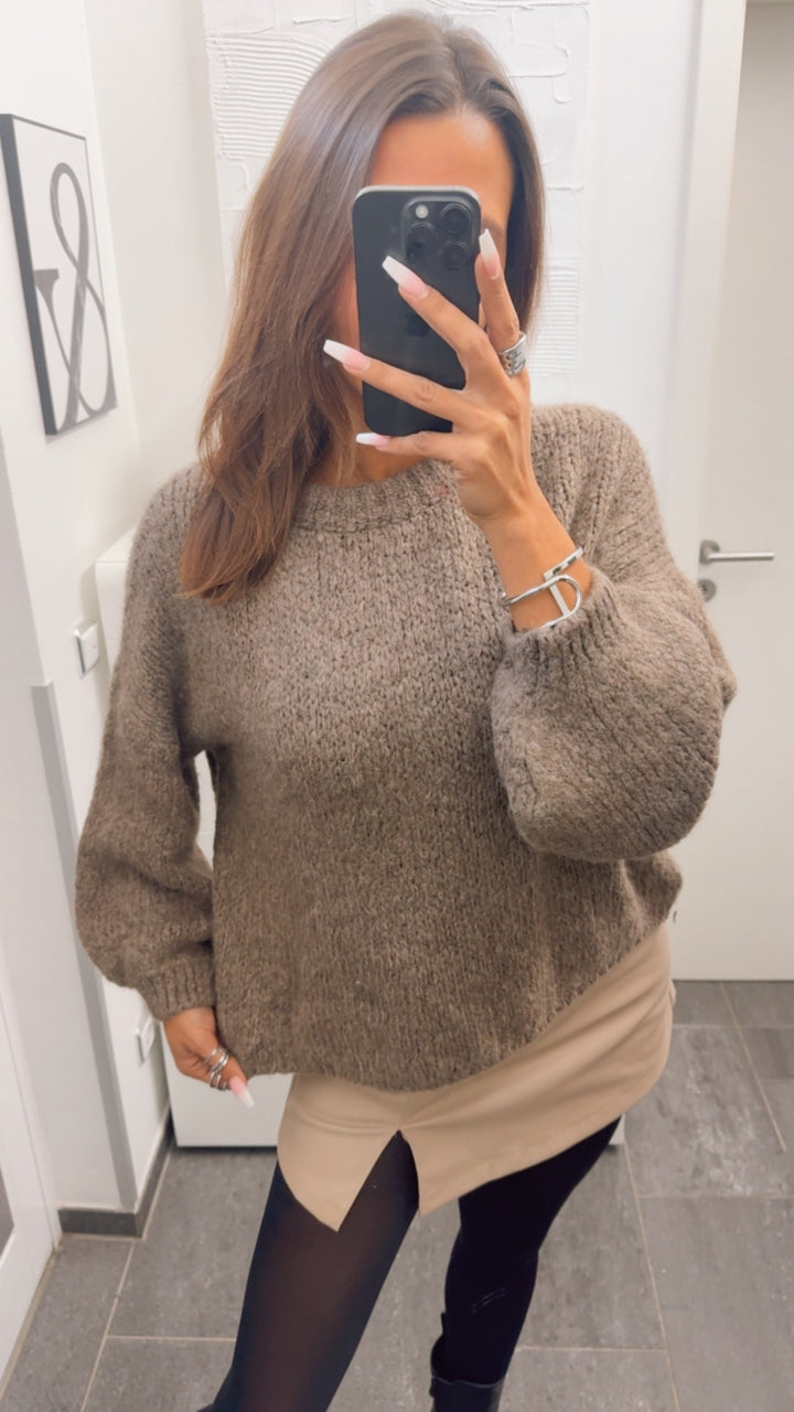 schlichter Strick Pullover mit abgesetztem Ausschnitt / braun meliert Art. 12664
