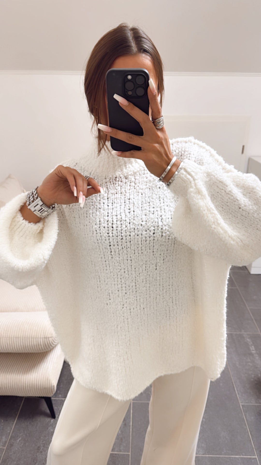 TEDDY oversize Pullover, Stehkragen / weiss Art. 8435