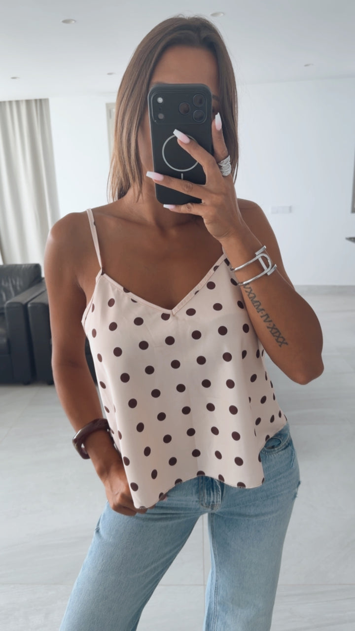 PUNKTE Satin Look Top / creme beige - braun Art. 15946