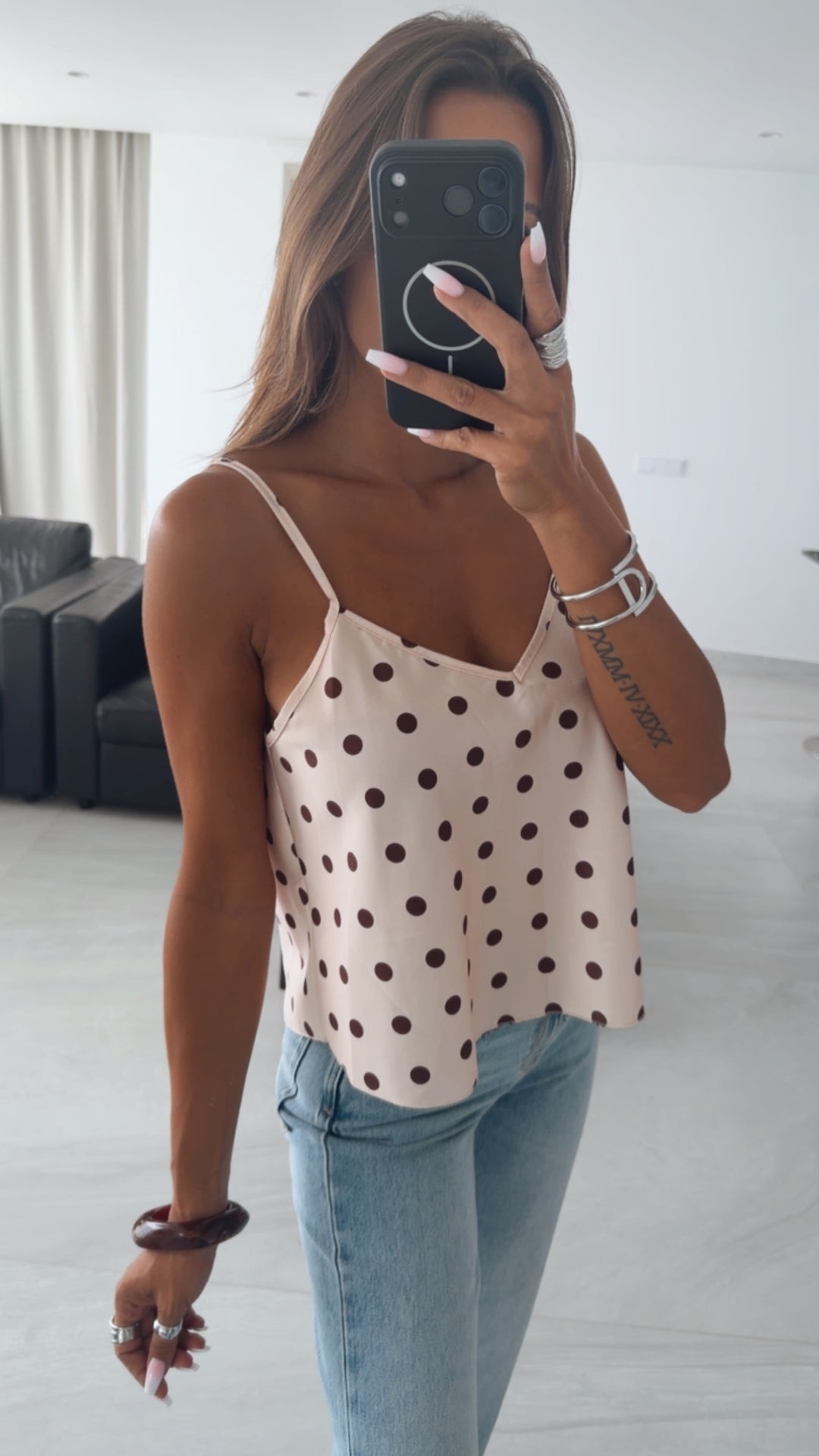 PUNKTE Satin Look Top / creme beige - braun Art. 15946