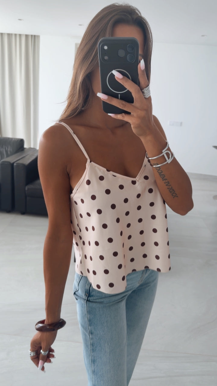 PUNKTE Satin Look Top / creme beige - braun Art. 15946