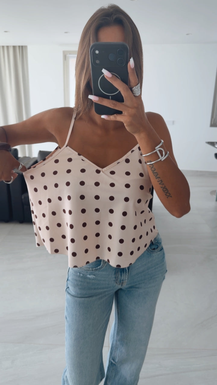 PUNKTE Satin Look Top / creme beige - braun Art. 15946