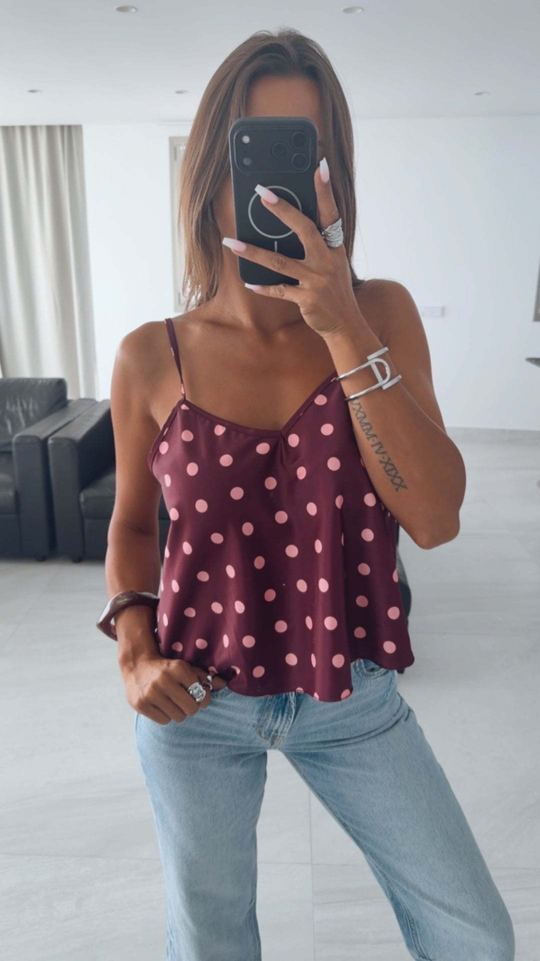 PUNKTE Satin Look Top / aubergine - soft pink Art. 15943