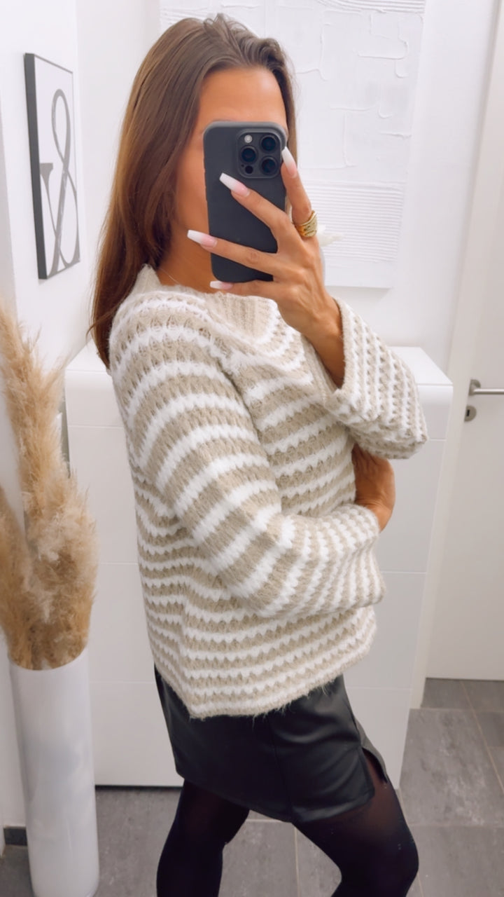 ausgefallener Strick Pullover mit Streifen / creme - beige Art. 12633