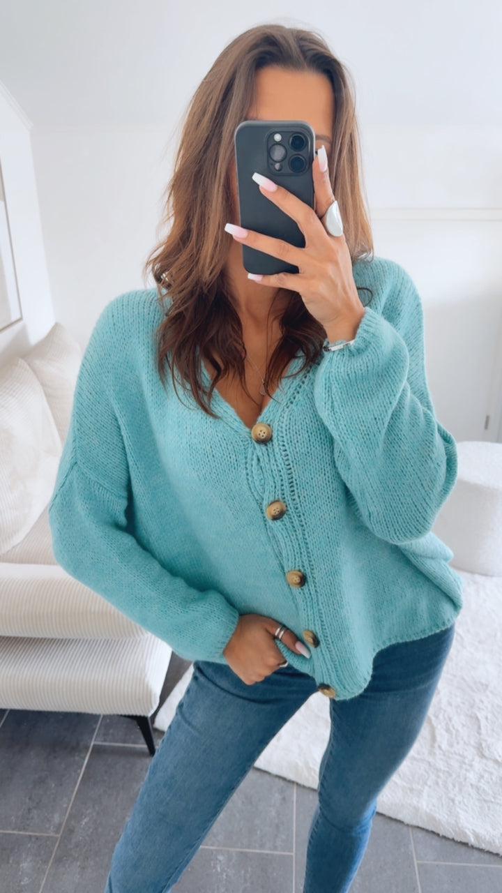 gradlinig geschnittener Strick Cardigan, Knopfleiste / aqua Art. 14556