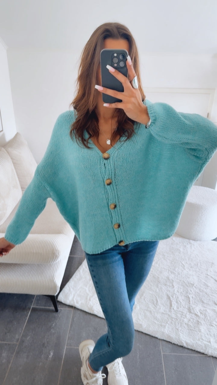 gradlinig geschnittener Strick Cardigan, Knopfleiste / aqua Art. 14556