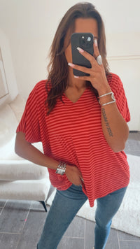 STREIFEN T-shirt Oberteil mit V-Ausschnitt / rot - rosa Art.14536