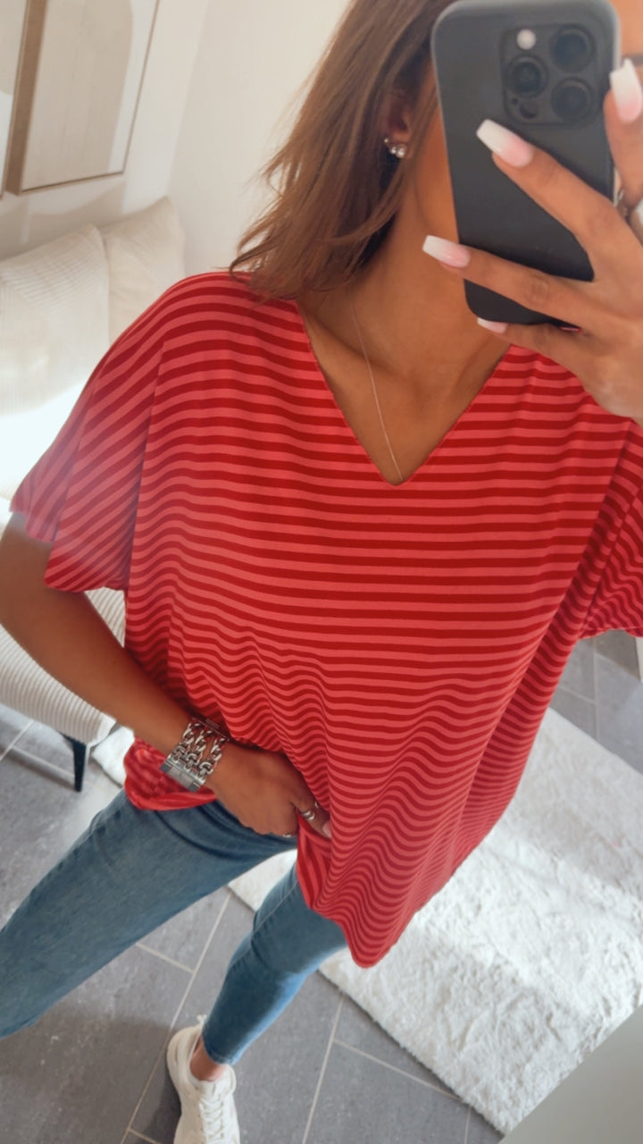STREIFEN T-shirt Oberteil mit V-Ausschnitt / rot - rosa Art.14536