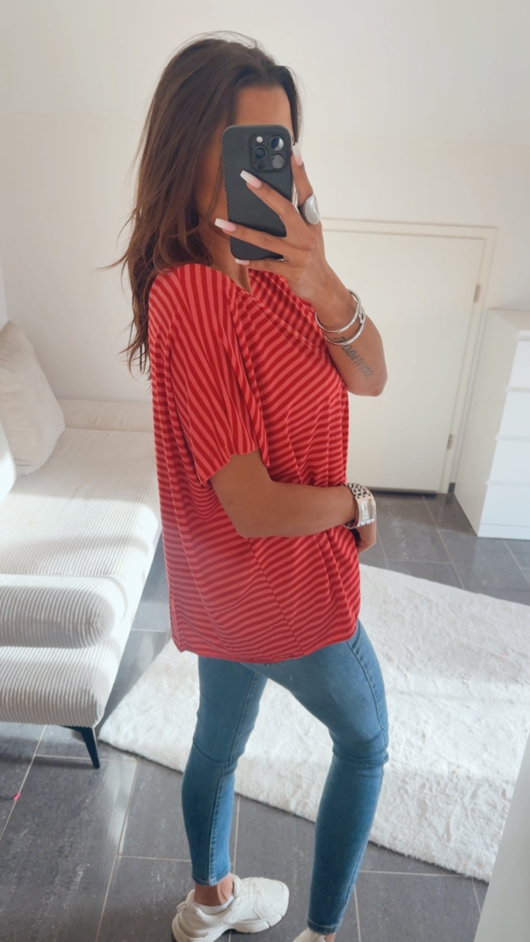 STREIFEN T-shirt Oberteil mit V-Ausschnitt / rot - rosa Art.14536