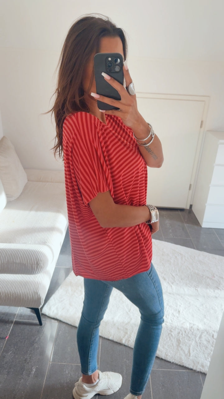 STREIFEN T-shirt Oberteil mit V-Ausschnitt / rot - rosa Art.14536