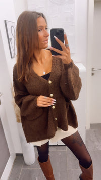 V-AUSSCHNITT Kuschel Cardigan mit goldenen Knöpfen und Taschen / braun Art. 12817