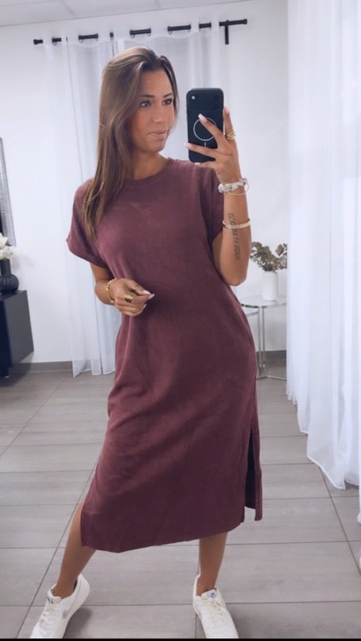 T Shirt Kleid Butterstoff mit seitlichen Taschen / Bordeaux rot Art. 16036