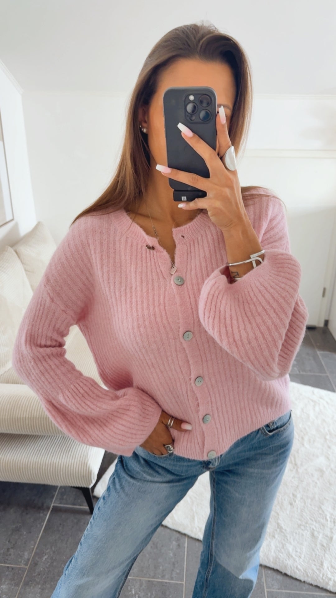 Leichte Strick Jacke mit Ballonärmeln / rosa Art.14563