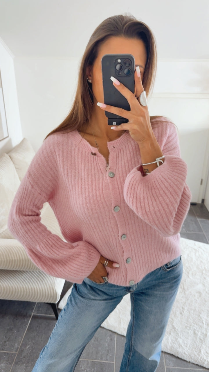 Leichte Strick Jacke mit Ballonärmeln / rosa Art.14563