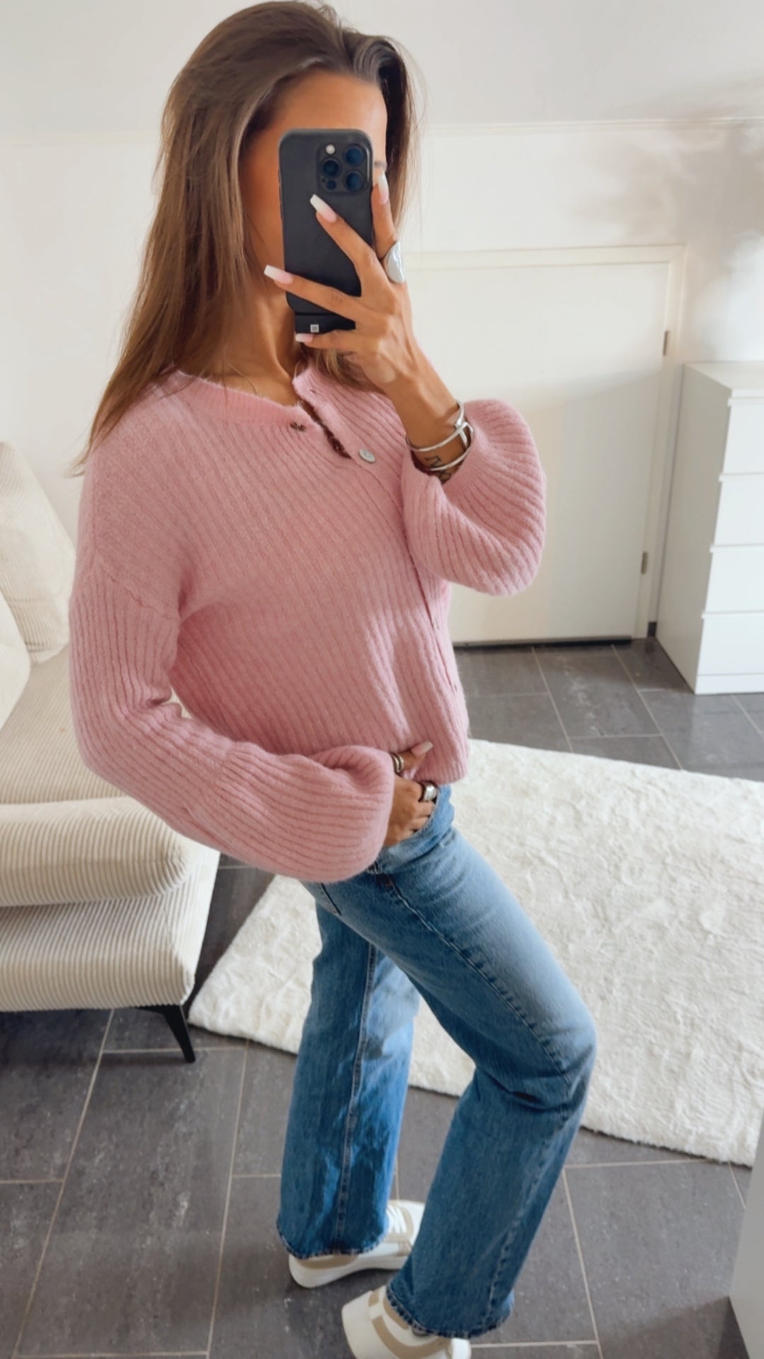 Leichte Strick Jacke mit Ballonärmeln / rosa Art.14563
