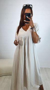 langes Musselin Kleid, kurze Ärmel / beige Art. 10612