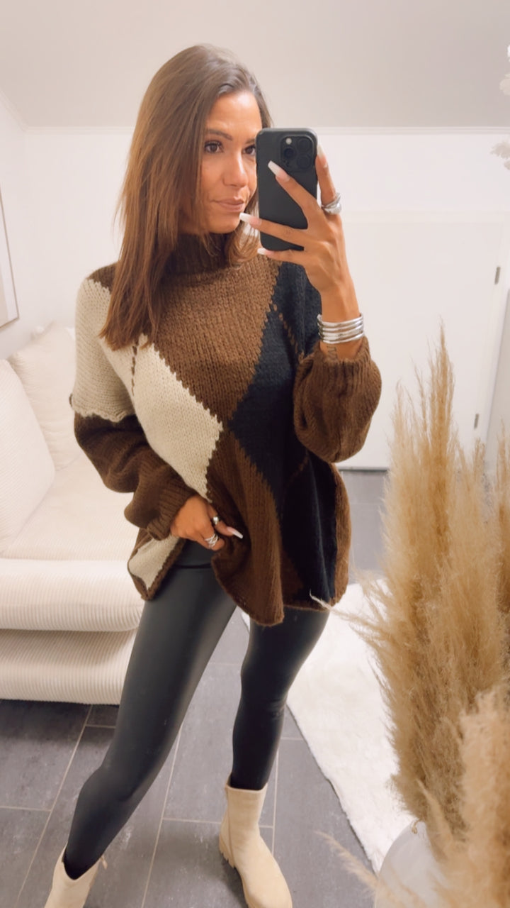 Pullover in tollem Argyle Muster / schoko braun - schwarz - beige Art. 12926