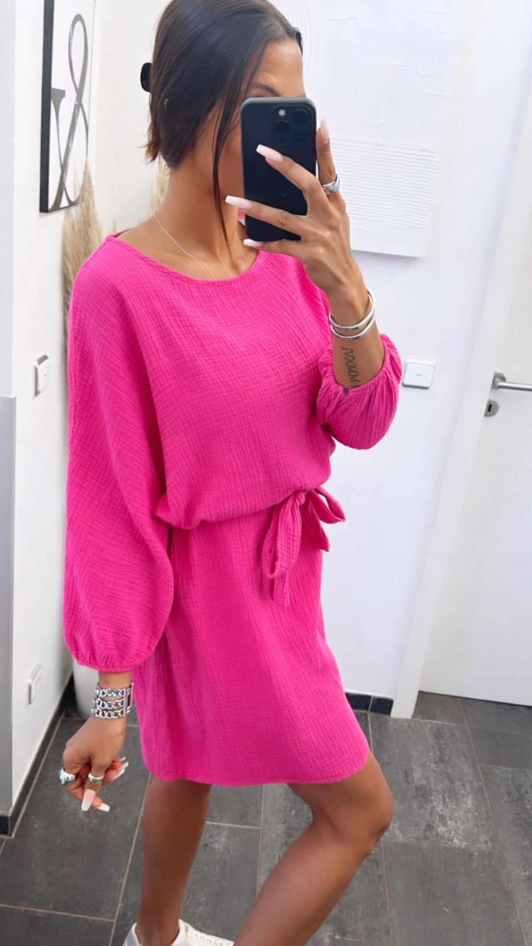 Musselin Kleid mit 3/4-Ärmel / pink Art. 14552
