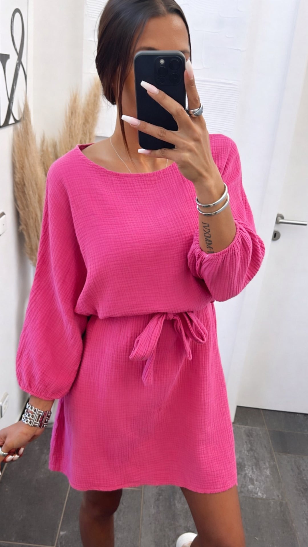 Musselin Kleid mit 3/4-Ärmel / pink Art. 14552