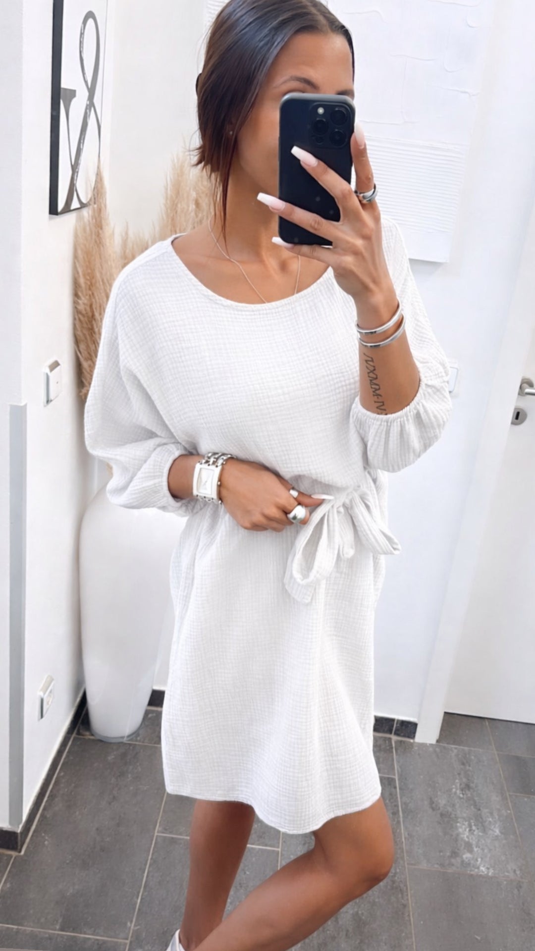 Musselin Kleid mit 3/4-Ärmel / weiss Art. 14551