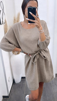 Musselin Kleid mit 3/4-Ärmel / taupe Art. 14549