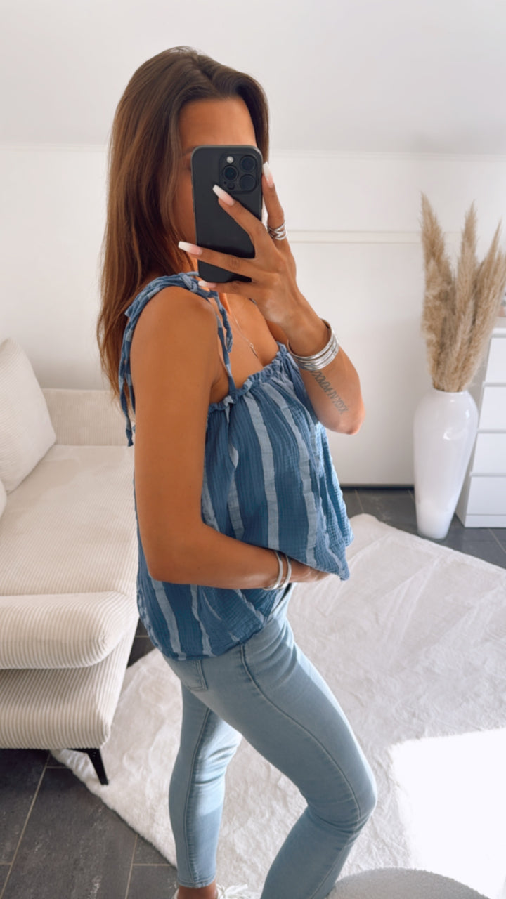 gestreiftes Musselin Oberteil, schnürbare Träger / denim - hell blau Art. 9926