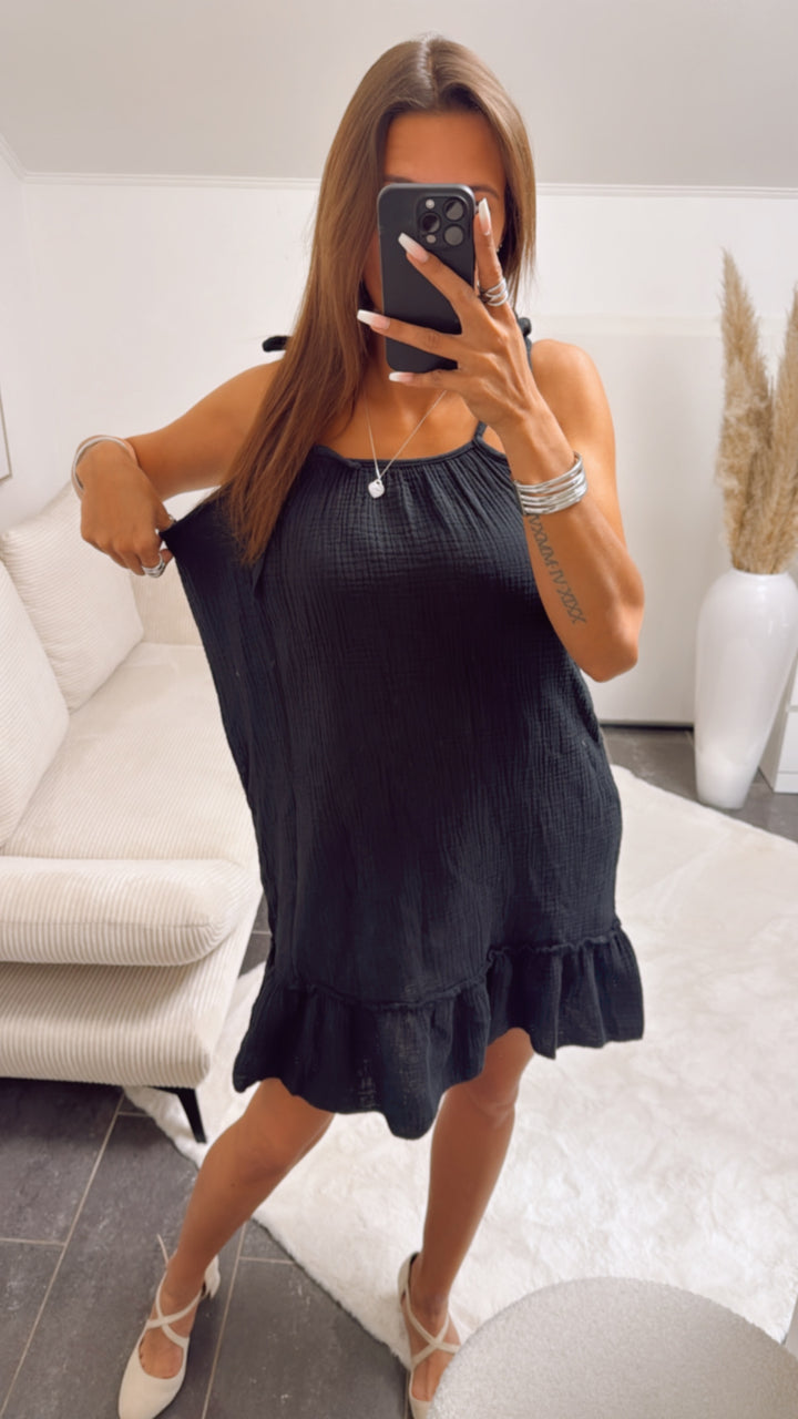 (Midi-) Musselin Kleid mit dünnen Trägern / schwarz Art. 6200