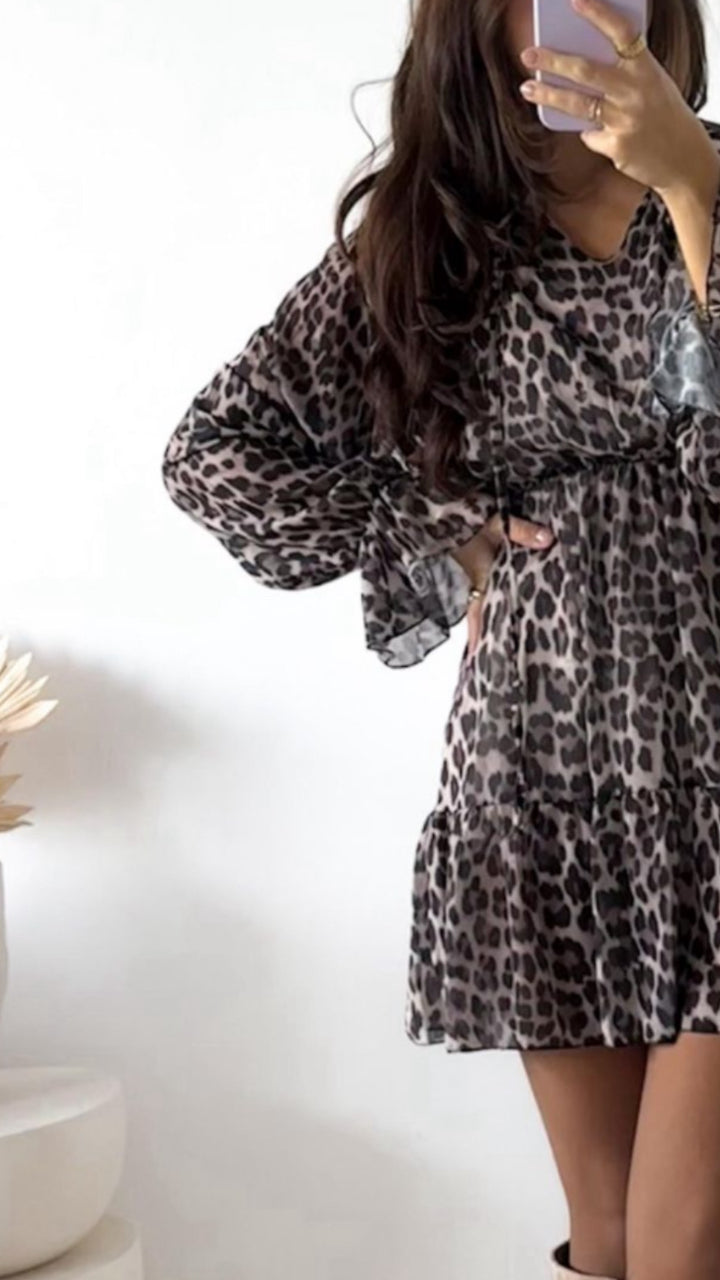 LEO Chiffon Kleid mit elastischer Taille / braun - Creme Art. 9456