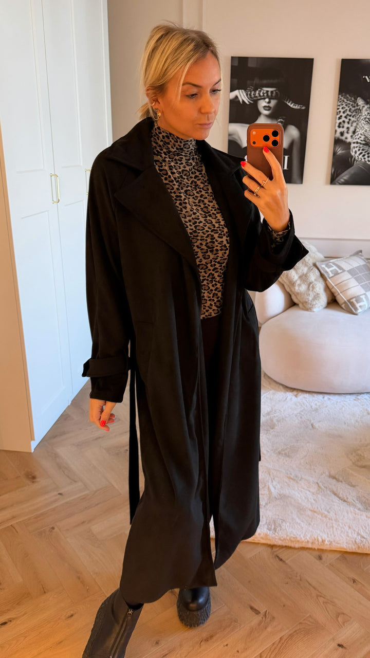 VELOURS langer Trenchcoat Mantel zum SCHNÜREN / schwarz Art. 12608