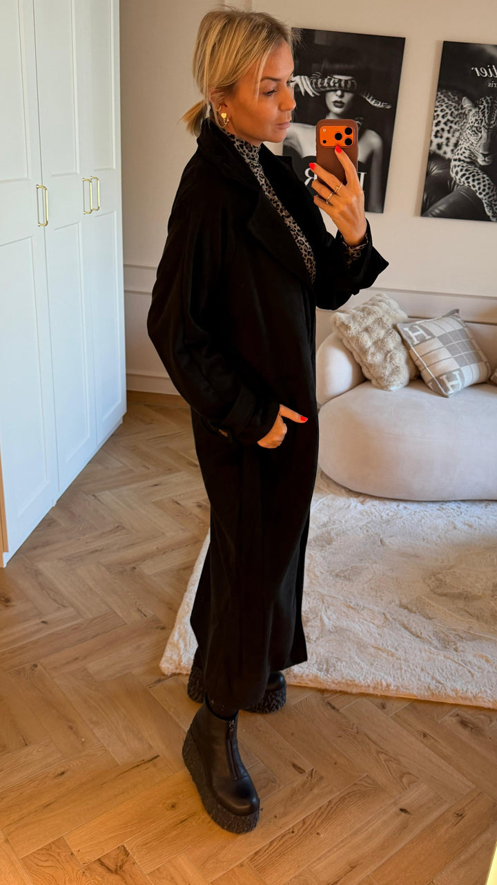 VELOURS langer Trenchcoat Mantel zum SCHNÜREN / schwarz Art. 12608