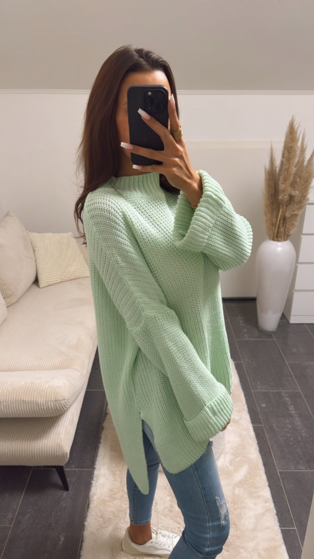 Stehkragen Oversize Pullover mit Schlitz / mint Art. 8577