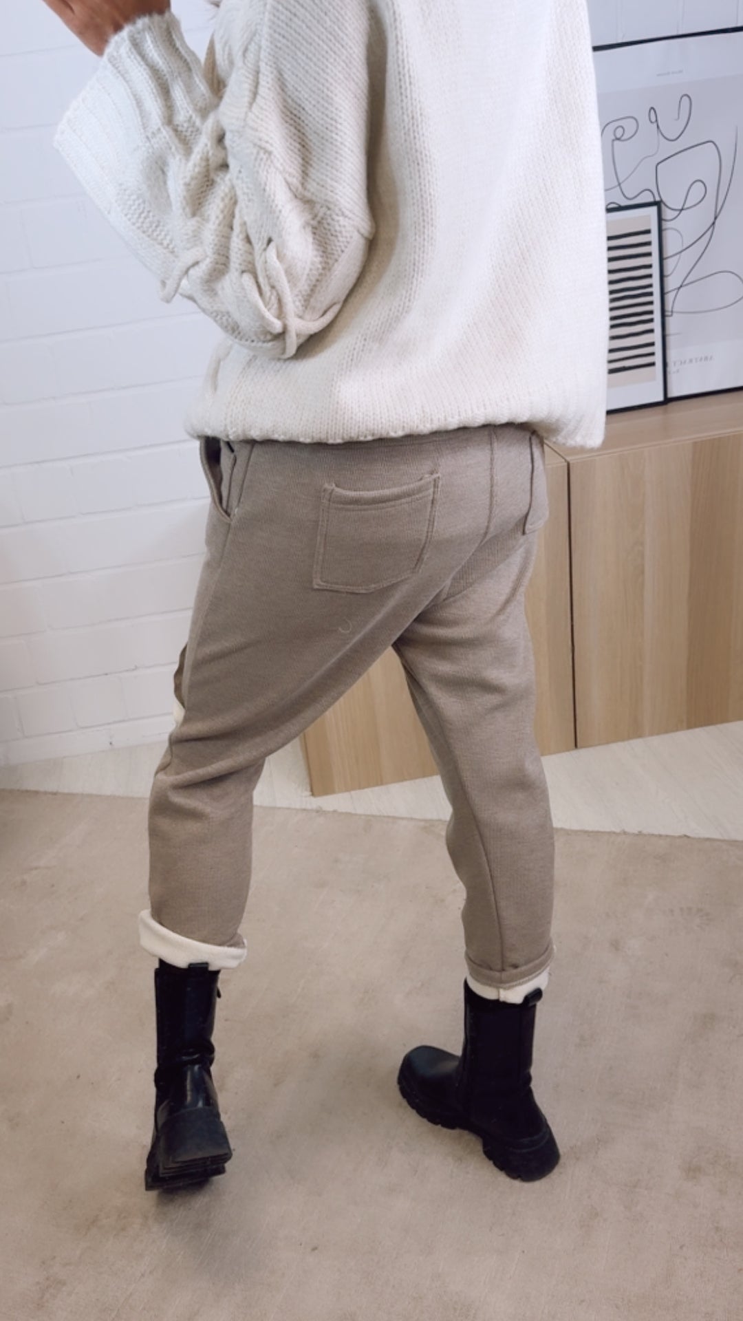 WAFFEL OPTIK gefütterte, lockere Hose, Ziernähte / beige - creme Art. 12986