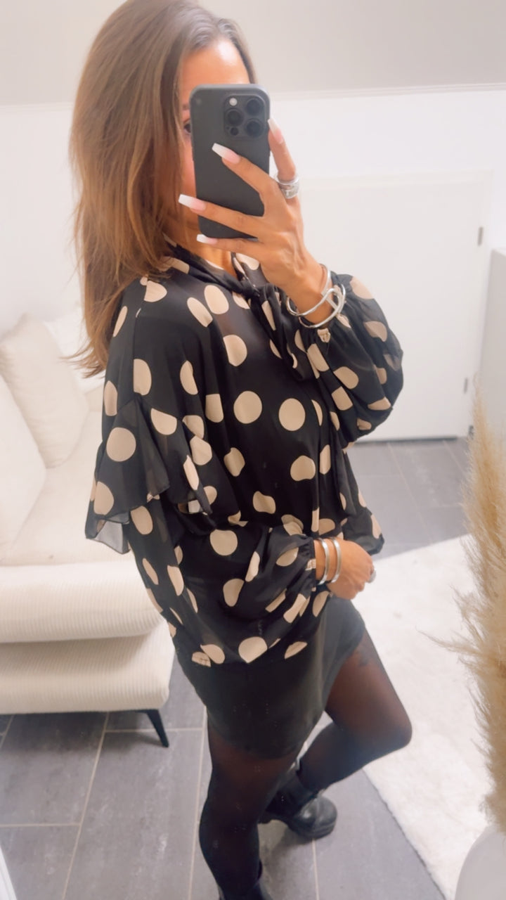 PUNKTE Transparente Bluse mit Schleife / schwarz - creme Art. 12968