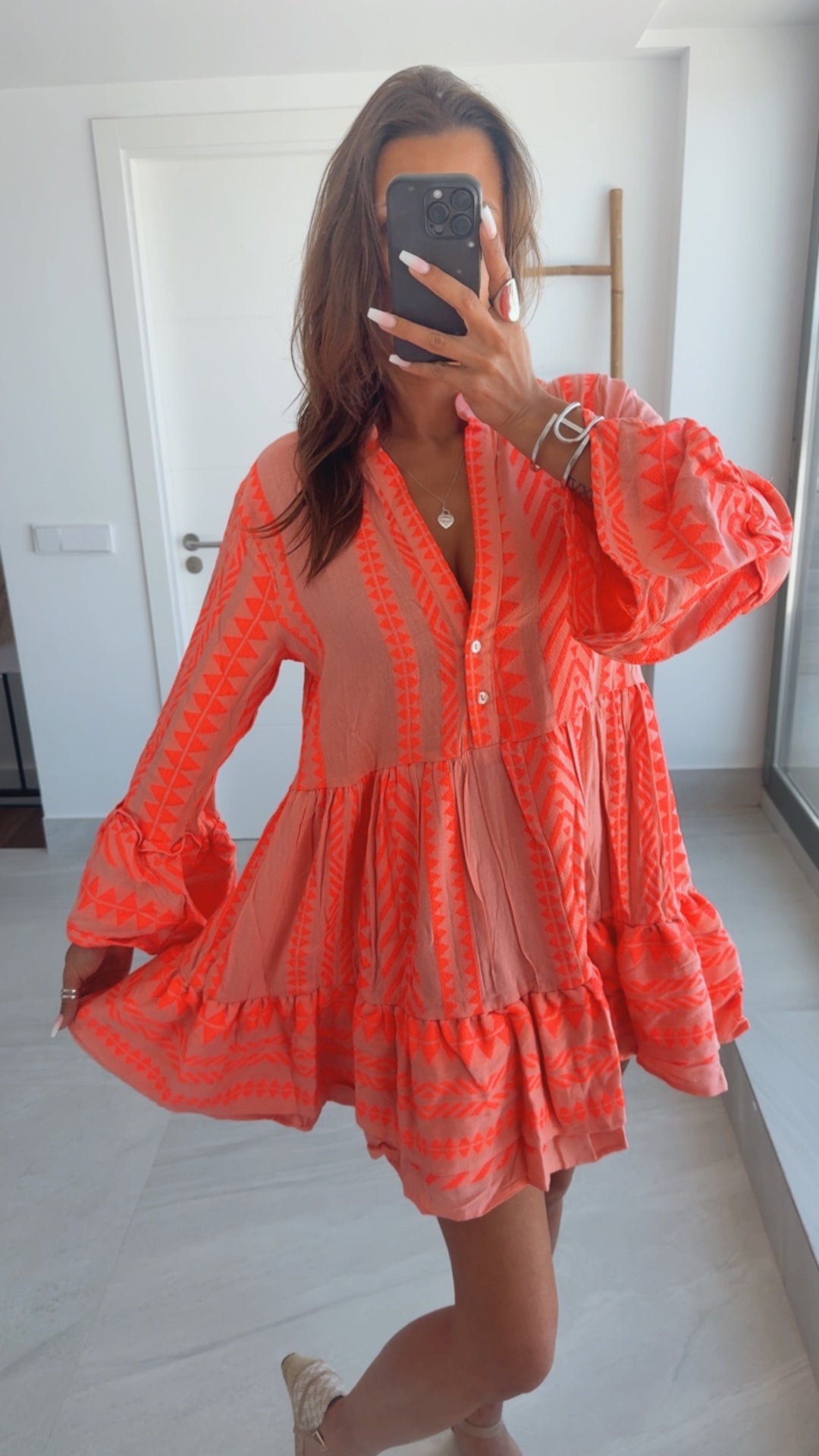 PREMIUM Tunika Kleid mit Muster / rosa - coral Art.14573