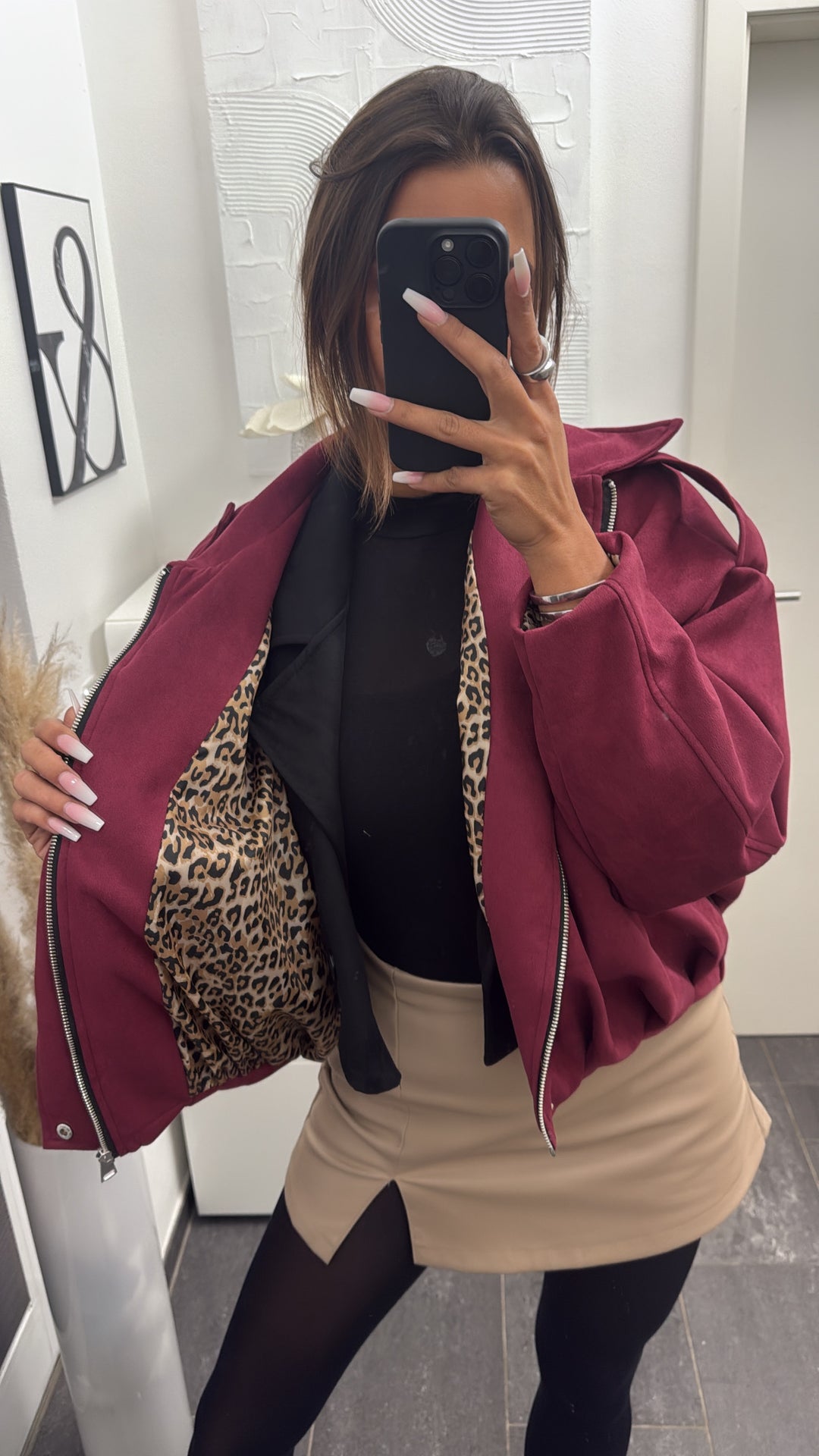 TREND Loose Fit Jacke in Velours Optik, Leo Akzente / bordeaux rot Art. 13039