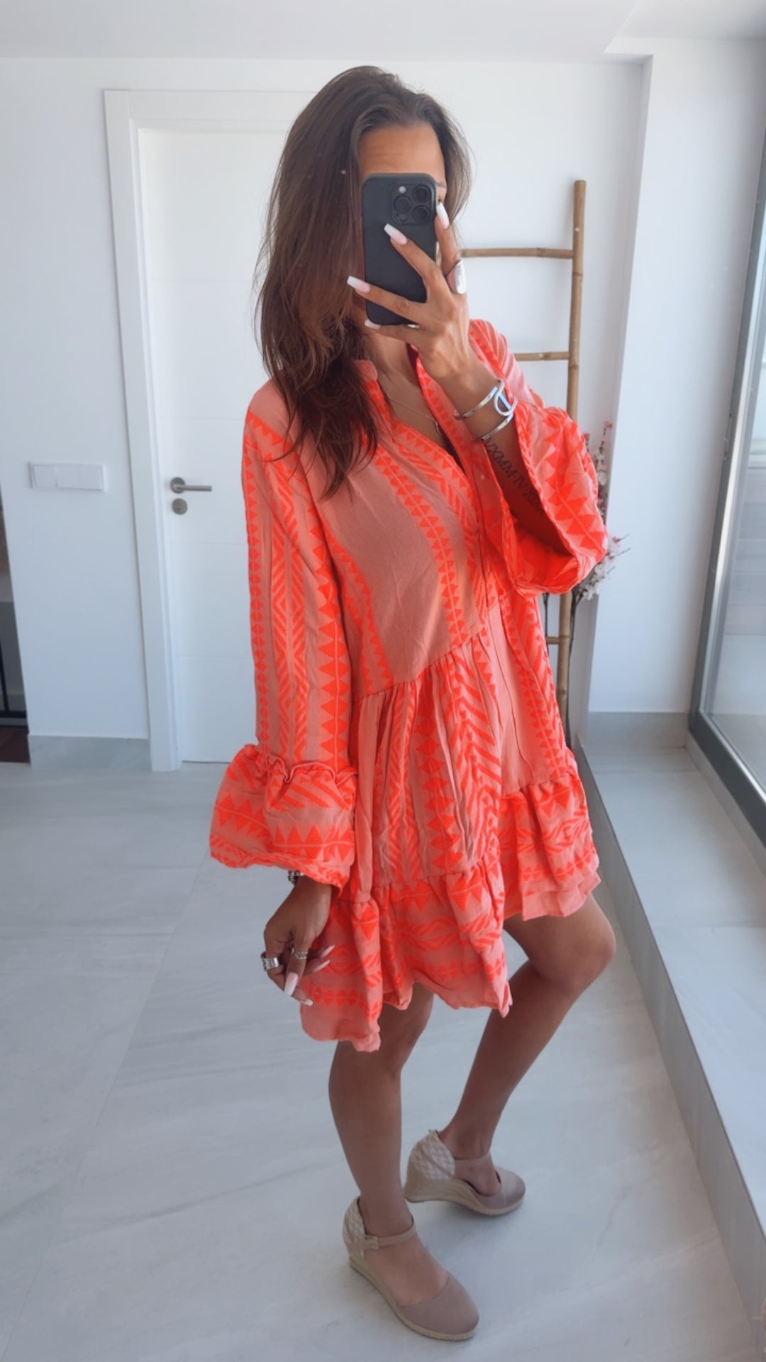PREMIUM Tunika Kleid mit Muster / rosa - coral Art.14573