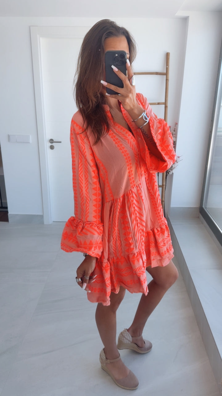 PREMIUM Tunika Kleid mit Muster / rosa - coral Art.14573