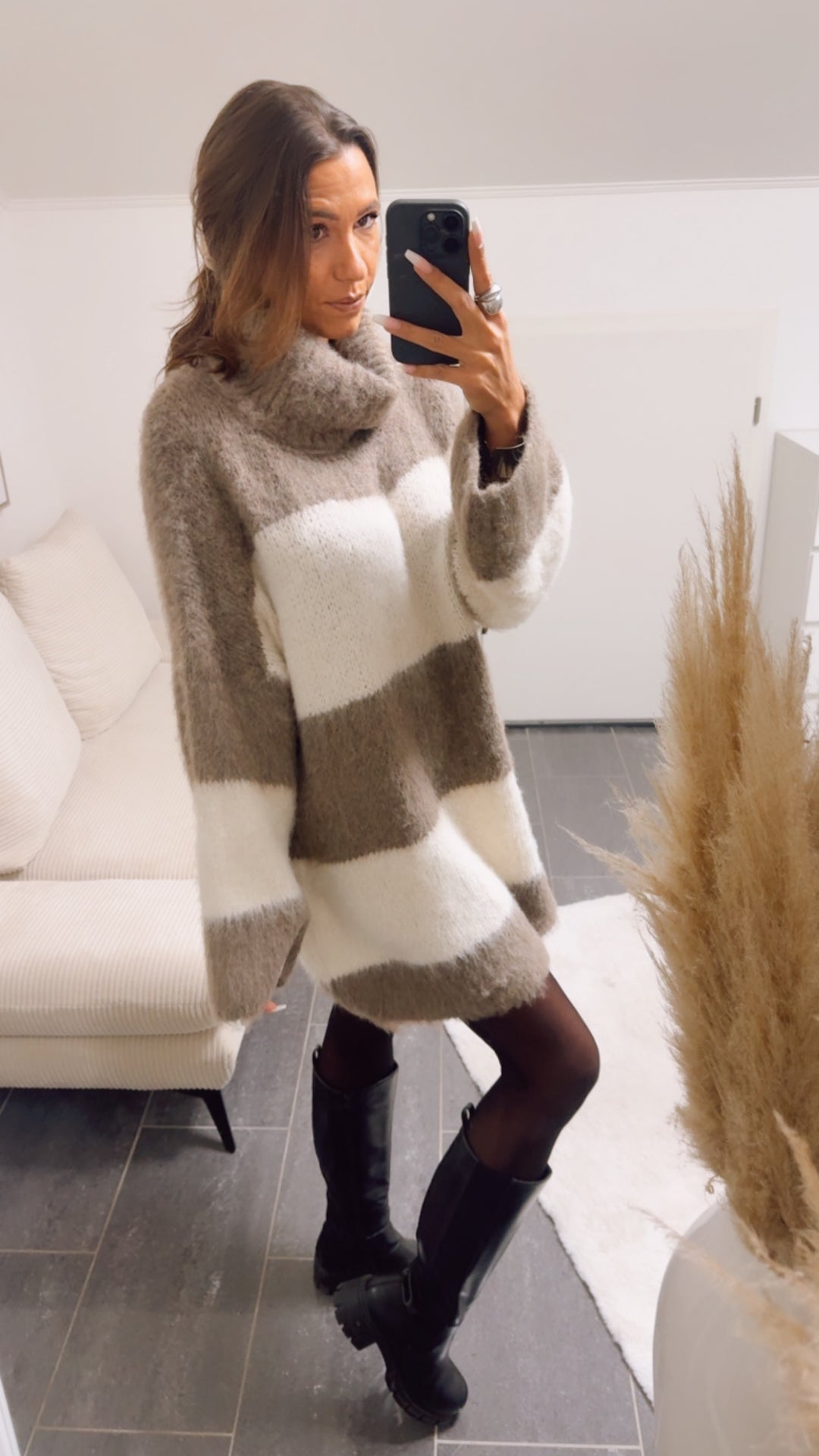 ROLLKRAGEN flauschiger Long Pullover/ Kleid  mit Streifen / braun meliert - creme Art. 12965