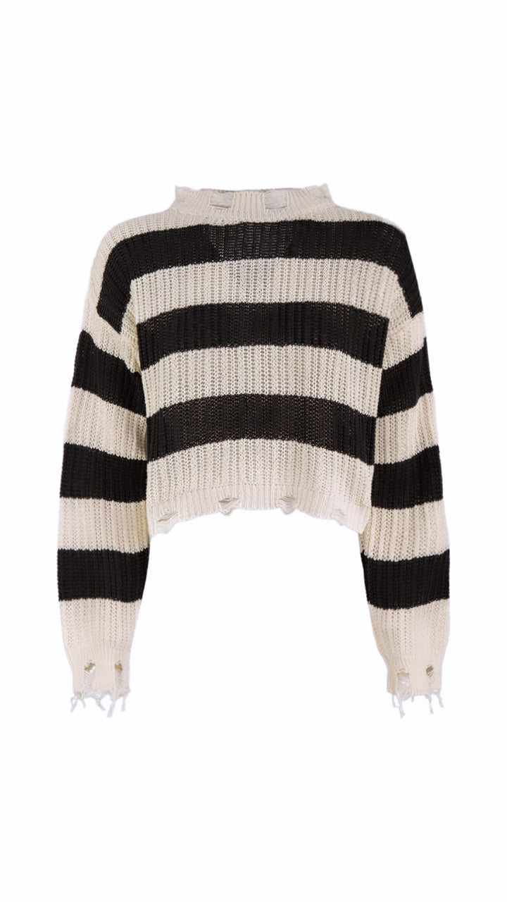 kurzer, locker gestrickter Pullover mit used-Elementen, gestreift / creme - schwarz Art. 6235
