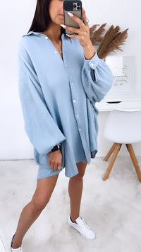 LANGE Oversize Musselin Bluse / taubenblau Art. 10205