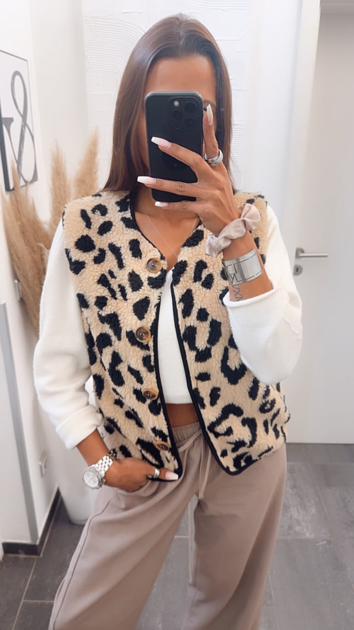 leichte Teddy Weste im Leo Look / camel - schwarz Art. 7545
