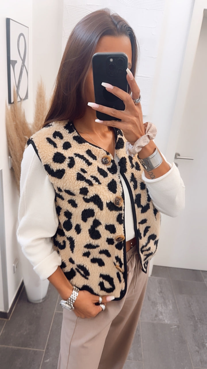 leichte Teddy Weste im Leo Look / camel - schwarz Art. 7545