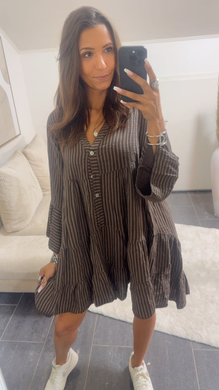 STREIFEN Musselin Kleid Tunika / schoko braun - taupe Art.14650