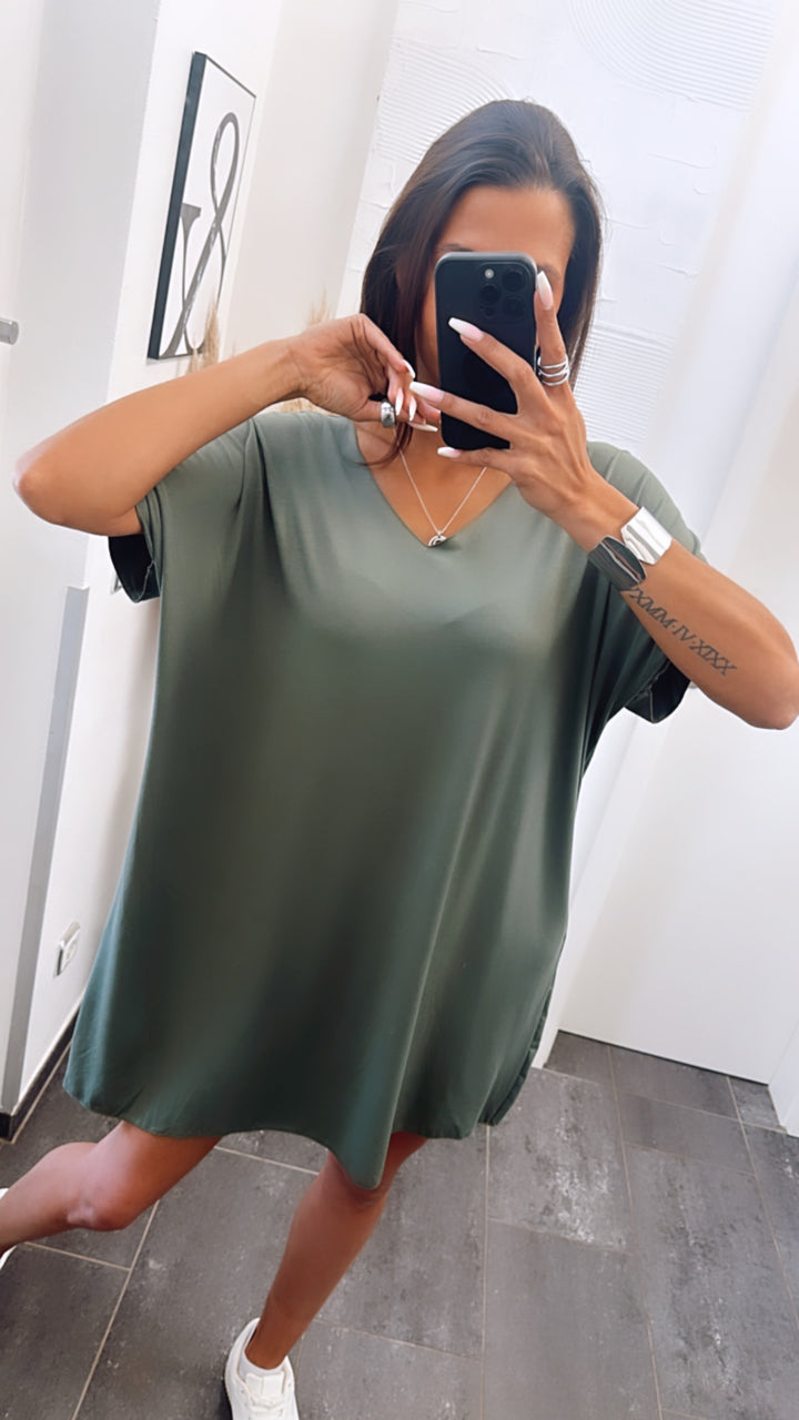 T-shirt Kleid mit V-Ausschnitt / khaki Art. 6284