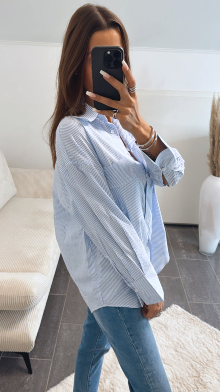 längere Baumwoll Bluse mit weißen Knöpfen, Streifen / hell blau - weiss Art. 8717