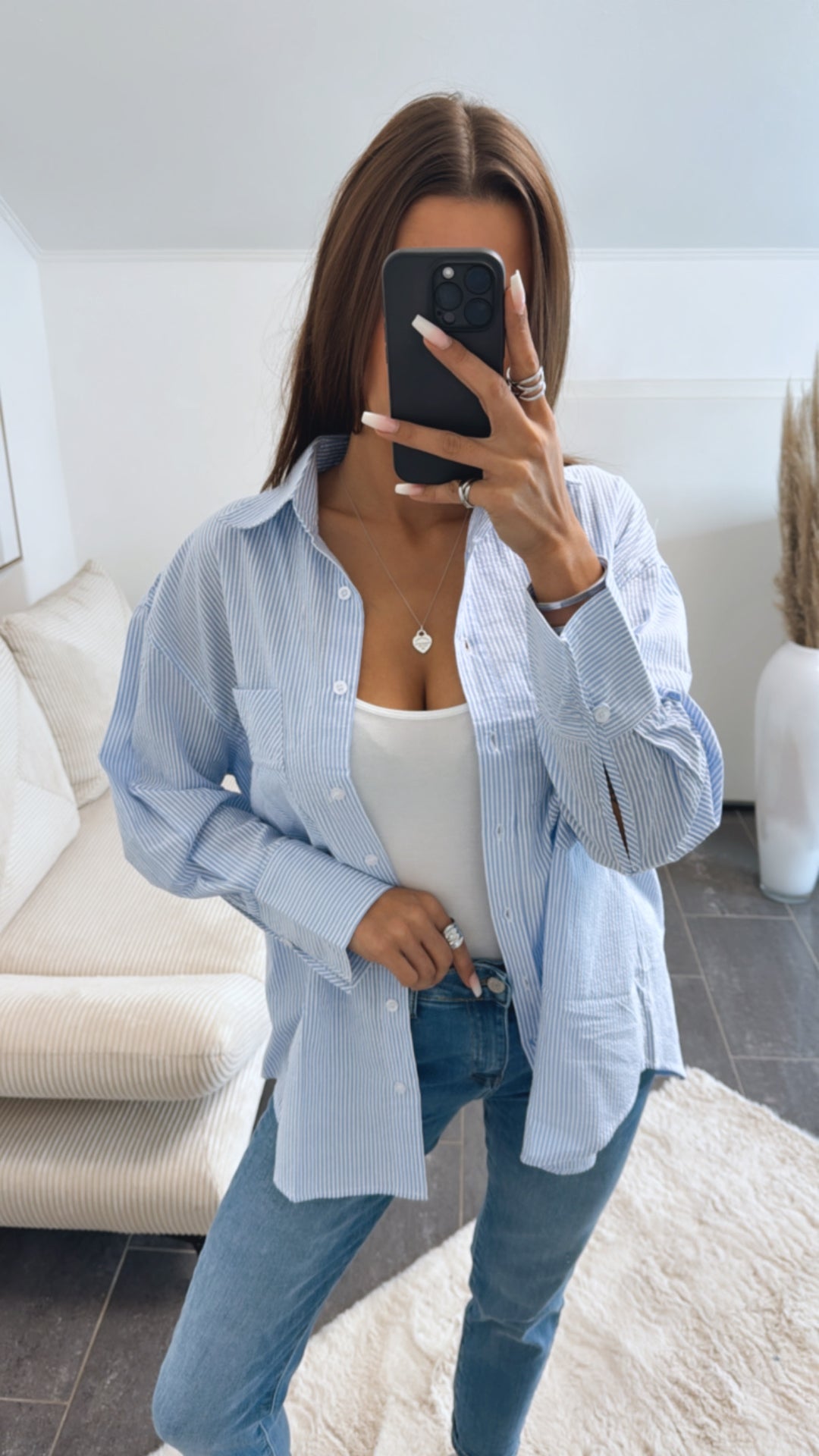 längere Baumwoll Bluse mit weißen Knöpfen, Streifen / hell blau - weiss Art. 8717