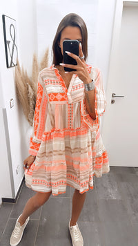 Tunika / Kleid in sommerlichem Muster und Farben / kräftige orange - Töne Art. 6178